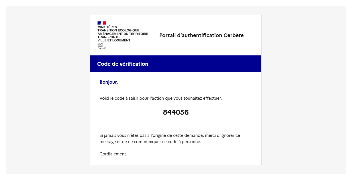 E-mail contenant le code de vérification