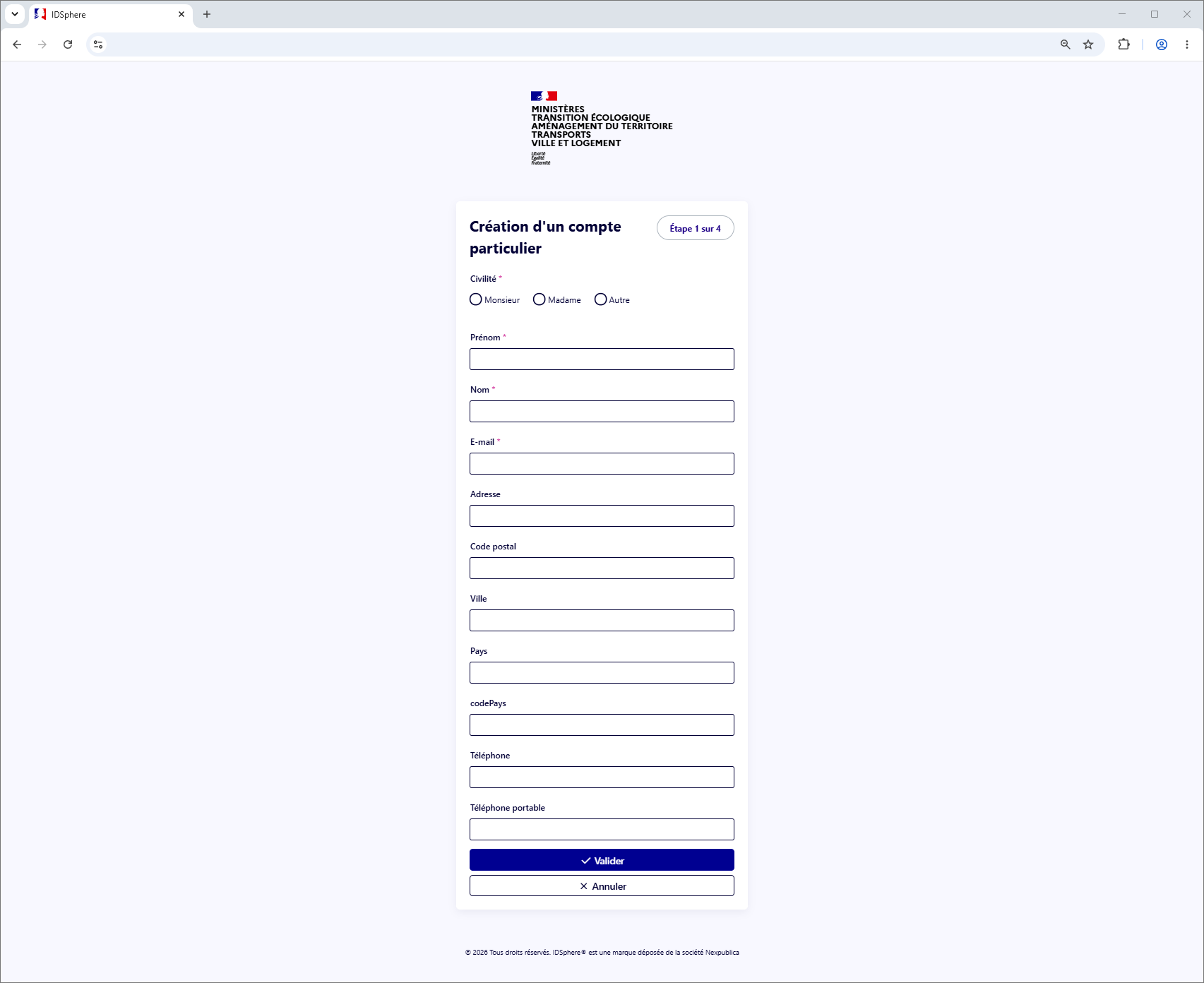 Formulaire de création d'un compte particulier