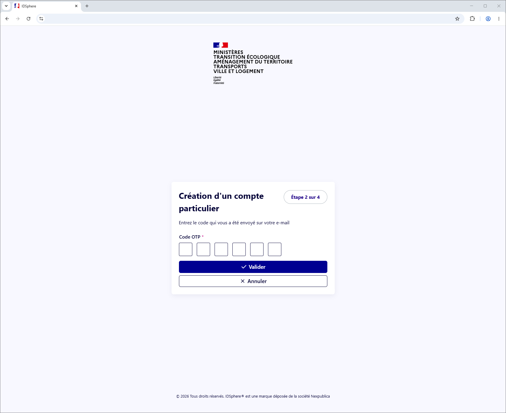 Saisie du code OTP