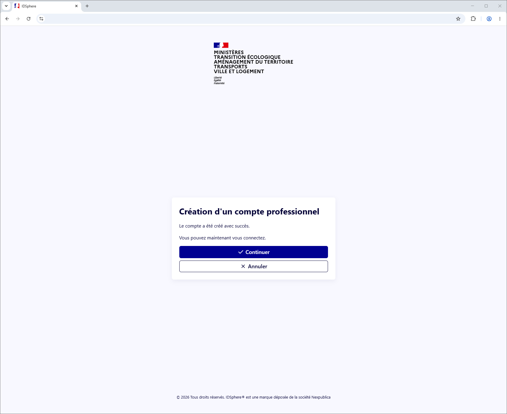 Confirmation de création du compte professionnel
