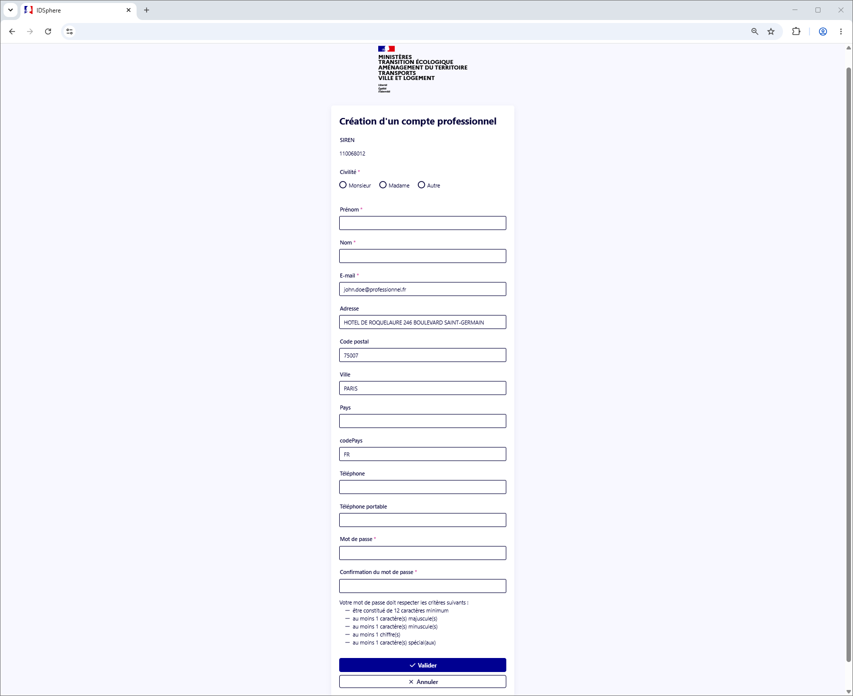 Formulaire de création d'un compte professionnel
