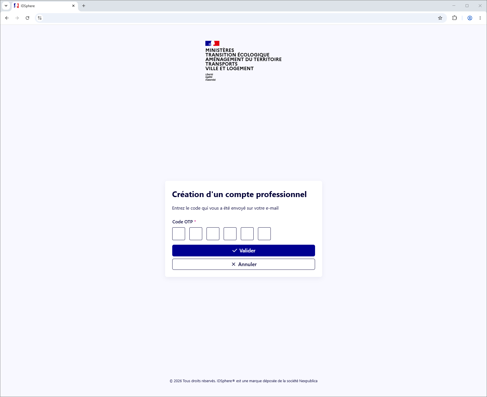 Saisie du code OTP