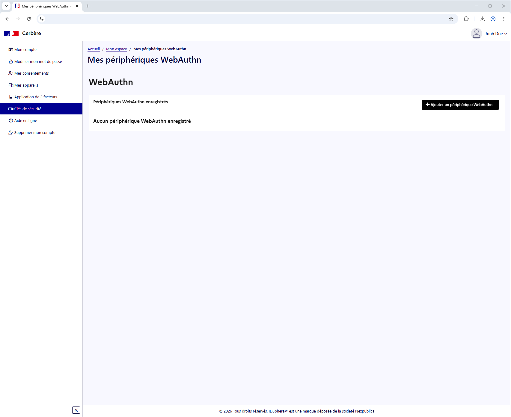 Page Clés de sécurité sans périphérique