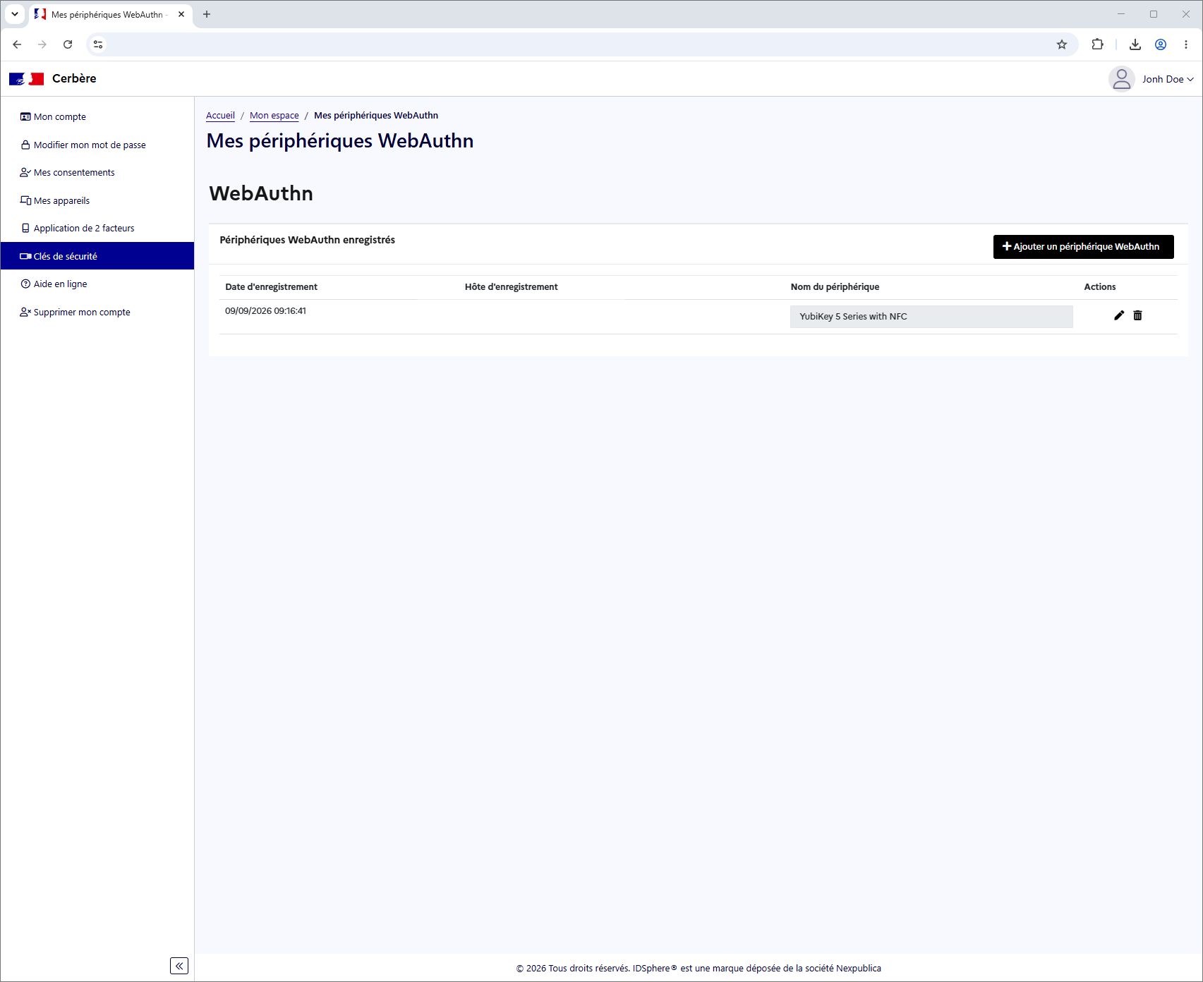 Liste des périphériques WebAuthn